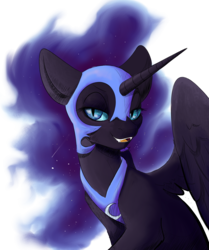 Size: 1612x1929 | Tagged: dead source, safe, artist:faline-art, artist:greyscaleart, nightmare moon, alicorn, pony, g4, collaboration, colored, ethereal mane, female, galaxy mane, lidded eyes, looking at you, mare, open mouth, shooting star, simple background, smiling, solo, stars, transparent background