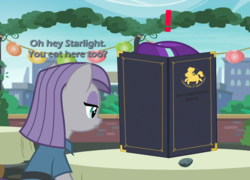 Size: 740x534 | Tagged: safe, edit, edited screencap, screencap, maud pie, starlight glimmer, g4, the gift of the maud pie, caught, exclamation point, menu, starlight stalker