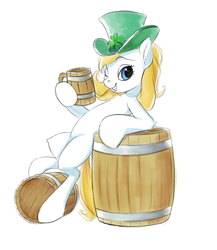 Size: 2119x2444 | Tagged: safe, artist:vistamage, oc, oc only, pony, alcohol, barrel, bipedal, bipedal leaning, colored sketch, female, hat, high res, holiday, leaning, looking at you, one eye closed, saint patrick's day, smiling, wink, winking at you