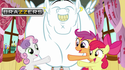 Size: 1280x720 | Tagged: safe, edit, edited screencap, screencap, apple bloom, bulk biceps, scootaloo, sweetie belle, earth pony, pony, unicorn, g4, on your marks, brazzers, cutie mark crusaders, female, filly, male, meme, shitposting, stallion