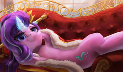 Size: 3677x2160 | Tagged: safe, artist:vanillaghosties, starlight glimmer, pony, unicorn, g4, couch, crown, draw me like one of your french girls, female, glowing horn, high res, horn, looking at you, mare, on back, regalia, scepter, smiling, solo