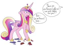 Size: 1937x1419 | Tagged: safe, artist:kipaki, princess cadance, alicorn, pony, g4, clothes, dialogue, eep, female, horn, human to pony, jewelry, male to female, mare, post-transformation, raised hoof, regalia, rule 63, simple background, solo, speech bubble, sweat, torn clothes, transformation, transformed, transgender transformation, transparent background, wings, worried