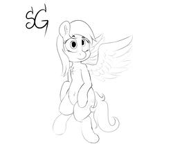 Size: 6000x5000 | Tagged: safe, artist:sunlightgryphon, derpibooru exclusive, derpy hooves, pegasus, pony, g4, absurd resolution, belly button, chest fluff, ear fluff, flying, monochrome