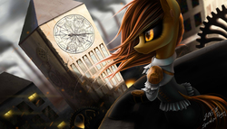 Size: 1944x1111 | Tagged: safe, artist:zigword, oc, oc only, pony, black sclera, city, clock tower, clothes, commission, female, mare, signature, solo, steampunk, windswept mane