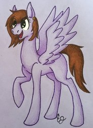 Size: 513x701 | Tagged: safe, oc, oc:lilac sciath, pegasus, pony, artist, brown mane, colored pencil drawing, cute, ear piercing, earring, female, jewelry, mare, paper, pen, piercing, pretty, purple, smiling, tall, traditional art, wings
