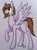 Size: 513x701 | Tagged: artist needed, safe, oc, oc:lilac sciath, pegasus, pony, brown mane, colored pencil drawing, cute, ear piercing, earring, eye clipping through hair, female, jewelry, mare, paper, pen, piercing, pretty, purple, raised hoof, smiling, solo, tall, traditional art, wings