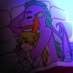 Size: 1285x1278 | Tagged: safe, artist:fantasygerard2000, edit, spike, thorax, changedling, changeling, dragon, human, anthro, g4, adult, adult spike, bed, cuddling, eared humanization, embrace, femboy, gay, horn, horned humanization, hug, humanized, interspecies, king thorax, male, older, older spike, pillow, ship:thoraxspike, shipping, sleeping, snuggling, spooning, winged humanization, winged spike, wings