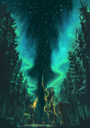 Size: 855x1210 | Tagged: safe, artist:plainoasis, changeling, pony, armor, aurora borealis, forest, helmet, night, royal guard, spear, starry night, stars, weapon