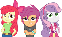 Size: 5603x3375 | Tagged: safe, artist:sketchmcreations, apple bloom, scootaloo, sweetie belle, equestria girls, g4, happily ever after party, happily ever after party: rainbow dash, my little pony equestria girls: better together, absurd resolution, arm behind back, crossed arms, cutie mark crusaders, frown, simple background, transparent background, trio, vector, worried
