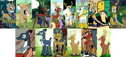 Size: 1329x600 | Tagged: safe, artist:andypriceart, edit, gameloft, idw, official comic, blackthorn, bramble, king aspen, pathfinder (g4), queen birch, deer, g4, spoiler:comic, spoiler:comic27, spoiler:comic28, spoiler:comic61, collage, cropped, doe, game screencap, idw showified, stag, unnamed character, unnamed deer