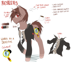 Size: 2424x2146 | Tagged: safe, artist:melpone, oc, oc only, oc:restlers, pony, unicorn, clothes, high res, male, necktie, reference sheet, shirt, solo, stallion