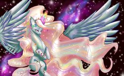 Size: 1600x993 | Tagged: safe, artist:tillie-tmb, oc, oc only, oc:queen aeterna, alicorn, pony, female, magic, mare, solo, space, spread wings, wings