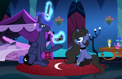 Size: 1268x815 | Tagged: safe, artist:themisslittledevil, princess luna, oc, oc:night dreams, pony, unicorn, g4, alternate hairstyle, base used, crown, female, horn, horn ring, jewelry, magic, mare, mother and daughter, regalia, sitting