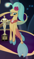 Size: 2380x4094 | Tagged: safe, edit, edited screencap, screencap, princess skystar, seapony (g4), g4, my little pony: the movie, award, blue mane, bubble, bust, colored pupils, crepuscular rays, cropped, dorsal fin, eyeshadow, female, fin, fin wings, fins, floppy ears, flower, flower in hair, flowing mane, glowing, makeup, ocean, one small thing, op is a duck, oscar, portrait, sad, scales, seaquestria, solo, swimming, tail, throne, throne room, underwater, water, wings