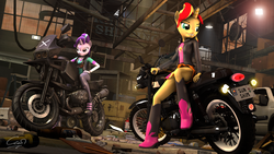 Size: 7680x4320 | Tagged: safe, artist:calveen, starlight glimmer, sunset shimmer, unicorn, anthro, plantigrade anthro, equestria girls, g4, 3d, absurd resolution, badass, boots, bottle, box, cable, car, cardboard box, chromatic aberration, clothes, ear piercing, earring, fan, female, forklift, hand, jacket, jewelry, lamp, leather jacket, license plate, looking at something, looking away, motorcycle, piercing, pipe (plumbing), poster, rock, shoes, signature, sitting, skirt, skirt lift, smiling, source filmmaker, thighs, truck, upskirt denied, warehouse, watch