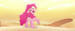Size: 1920x804 | Tagged: safe, screencap, pinkie pie, pony, g4, my little pony: the movie, bags under eyes, bone dry desert, coughing, desert, dust, eyes closed, female, mare, messy mane, raised hoof, sand, solo, sweat, tired