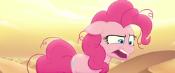 Size: 1920x804 | Tagged: safe, screencap, pinkie pie, earth pony, pony, g4, my little pony: the movie, bone dry desert, coughing, desert, faic, female, mare, messy mane, reaction image, solo