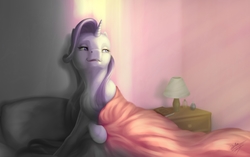 Size: 1975x1240 | Tagged: safe, artist:bluespaceling, starlight glimmer, pony, unicorn, g4, bed, blanket, female, morning, pillow, solo, waking up
