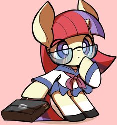 Size: 943x1004 | Tagged: safe, artist:ccc, moondancer, pony, unicorn, g4, briefcase, clothes, cute, dancerbetes, female, glasses, looking at you, mare, pink background, school uniform, simple background, skirt, solo