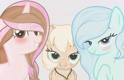 Size: 1256x812 | Tagged: safe, artist:rose-moonlightowo, oc, oc only, oc:cupcake blue, oc:lighting heart, oc:moon dream, earth pony, pegasus, pony, unicorn, base used, blushing, female, jewelry, looking at you, mare, necklace, simple background, trio