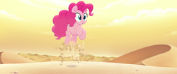 Size: 1920x804 | Tagged: safe, screencap, pinkie pie, earth pony, pony, g4, my little pony: the movie, bone dry desert, bouncing, desert, dust, dust cloud, excited, happy, pronking, sand