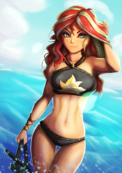 Size: 706x1000 | Tagged: safe, artist:the-park, sunset shimmer, human, equestria girls, equestria girls series, forgotten friendship, g4, armpits, beautiful, belly button, bikini, breasts, busty sunset shimmer, clothes, female, looking at you, midriff, ocean, sexy, sky, smiling, snorkel, solo, summer sunset, swimsuit, thigh gap, water