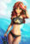 Size: 706x1000 | Tagged: safe, artist:the-park, sunset shimmer, human, equestria girls, equestria girls specials, g4, my little pony equestria girls: better together, my little pony equestria girls: forgotten friendship, armpits, beautiful, belly button, bikini, breasts, busty sunset shimmer, clothes, female, looking at you, midriff, ocean, sexy, sky, smiling, snorkel, solo, summer sunset, swimsuit, thigh gap, water