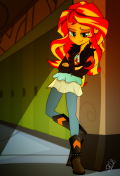 Size: 1016x1487 | Tagged: safe, artist:dsana, sunset shimmer, human, equestria girls, g4, boots, clothes, female, jacket, leather jacket, lockers, looking at you, pants, shirt, shoes, solo