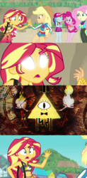 Size: 505x1024 | Tagged: safe, edit, screencap, applejack, fluttershy, pinkie pie, rainbow dash, sunset shimmer, equestria girls, equestria girls specials, g4, my little pony equestria girls: better together, my little pony equestria girls: forgotten friendship, bill cipher, gravity falls, male, meme, possessed, sunset sees things