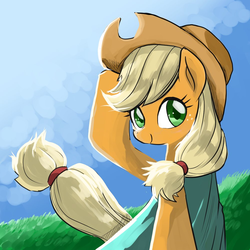 Size: 1000x1000 | Tagged: safe, artist:bojack_mlplove, applejack, earth pony, pony, g4, applejack's hat, cape, clothes, cowboy hat, female, grass, hat, looking at you, mare, solo