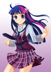 Size: 600x848 | Tagged: safe, artist:love2eategg, twilight sparkle, equestria girls, g4, anime, clothes, cute, female, hairpin, human coloration, looking at you, moe, necktie, pleated skirt, skirt, skirt lift, solo