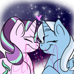 Size: 500x500 | Tagged: safe, artist:ponymoodboards, starlight glimmer, trixie, pony, unicorn, g4, boop, female, happy, heart, lesbian, noseboop, ship:startrix, shipping, smiling, watermark