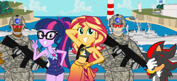 Size: 4919x2248 | Tagged: safe, artist:trungtranhaitrung, sci-twi, sunset shimmer, twilight sparkle, equestria girls, equestria girls series, forgotten friendship, g4, belly button, clothes, crossover, gun, male, midriff, shadow the hedgehog, sonic the hedgehog, sonic the hedgehog (series), swimsuit, weapon
