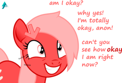 Size: 2610x1789 | Tagged: safe, artist:arifproject, oc, oc only, oc:downvote, pony, derpibooru, g4, blatant lies, derpibooru ponified, eye twitch, grin, meta, ponified, simple background, smiling, solo, text, transparent background, twitch, vector, wide eyes