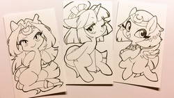 Size: 1280x720 | Tagged: safe, artist:sibashen, somnambula, oc, oc:judgement rule, earth pony, pegasus, pony, unicorn, g4, bite mark, black and white, chibi, female, grayscale, ink drawing, mare, monochrome, one eye closed, smiling, traditional art, wink