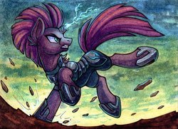 Size: 600x434 | Tagged: safe, artist:dragonataxia, tempest shadow, pony, unicorn, g4, my little pony: the movie, aceo, armor, broken horn, ear fluff, female, gritted teeth, horn, lightning, looking back, mare, marker drawing, solo, sparks, traditional art