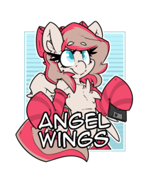 Size: 2100x2400 | Tagged: safe, artist:bbsartboutique, angel wings, pegasus, pony, g4, badge, bipedal, bow, chest fluff, clothes, con badge, female, floppy disk, hair bow, high res, simple background, socks, solo, stockings, striped socks, text, thigh highs, transparent background