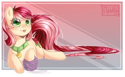 Size: 1920x1184 | Tagged: safe, artist:prjanik, roseluck, earth pony, pony, behaving like a cat, collar, commissioner:doom9454, cute, digital art, female, heart eyes, long tail, looking sideways, lying, lying down, mare, pet tag, pony pet, prone, rosepet, tongue out, wingding eyes, yarn, yarn ball