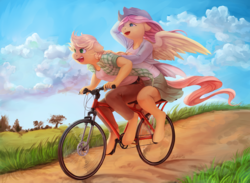 Size: 3498x2556 | Tagged: dead source, safe, artist:audrarius, applejack, fluttershy, earth pony, pegasus, anthro, unguligrade anthro, g4, accessory swap, applejack's hat, bare hooves, bicycle, clothes, cowboy hat, cute, female, hat, high res, jackabetes, lesbian, mare, open mouth, outdoors, ride, riding, road, ship:appleshy, shipping, shyabetes, skirt, smiling, stetson, windswept hair
