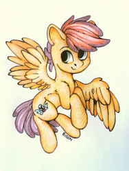 Size: 768x1024 | Tagged: safe, artist:lilclim, oc, oc only, oc:krafty kitsune, pegasus, pony, cutie mark, feather, flying, gradient background, marker drawing, solo, traditional art