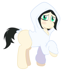 Size: 1048x1148 | Tagged: safe, artist:scraggleman, oc, oc only, oc:floor bored, earth pony, pony, bags under eyes, blank flank, blushing, bow, bowtie, chest fluff, clothes, female, hood, hoodie, leg in air, mare, raised hoof, shy, simple background, solo, tail bow, white background