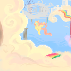 Size: 2000x2000 | Tagged: safe, artist:rinhedeaki, fluttershy, pegasus, pony, g4, cloud, cloud city, cloudsdale, female, flying, high res, looking at you, mare, rainbow, solo, spread wings, windswept mane, wings