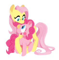 Size: 777x794 | Tagged: safe, artist:chop4, fluttershy, pinkie pie, earth pony, pegasus, pony, g4, cute, diapinkes, eye contact, female, hug, lesbian, looking at each other, open mouth, raised hoof, ship:flutterpie, shipping, simple background, size difference, smiling, transparent background