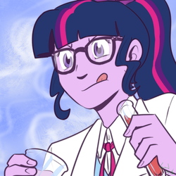 Size: 900x900 | Tagged: safe, artist:funakounasoul, sci-twi, twilight sparkle, equestria girls, g4, beaker, clothes, female, glasses, icon, lab coat, ponytail, science, solo, test tube, tongue out