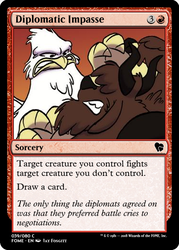 Size: 375x523 | Tagged: safe, artist:jay fosgitt, idw, griffon, yak, friends forever #28, g4, my little pony: friends forever, magic the gathering, trading card, trading card edit, unnamed character, unnamed griffon, unnamed yak