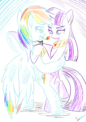 Size: 2480x3507 | Tagged: safe, artist:twidasher, rainbow dash, twilight sparkle, pegasus, pony, g4, bipedal, dancing, duo, female, flower, flower in mouth, high res, jewelry, lesbian, mouth hold, regalia, rose, rose in mouth, ship:twidash, shipping, tango