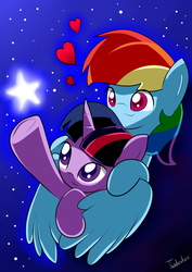 Size: 2480x3507 | Tagged: safe, artist:twidasher, rainbow dash, twilight sparkle, pegasus, pony, g4, duo, female, heart, high res, lesbian, ship:twidash, shipping, stars, tangible heavenly object