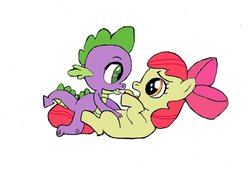 Size: 1280x867 | Tagged: safe, artist:dtcx97, apple bloom, spike, dragon, pony, g4, accident, accidental shipping, blank flank, female, filly, interspecies, male, ship:spikebloom, shipping, simple background, straight, white background