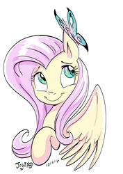 Size: 842x1191 | Tagged: safe, artist:jowyb, fluttershy, butterfly, pegasus, pony, g4, bust, colored sketch, female, looking at something, looking up, mare, portrait, simple background, smiling, solo, white background, wings