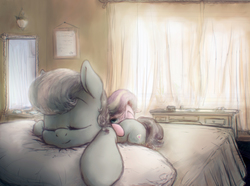 Size: 2500x1864 | Tagged: safe, artist:plotcore, diamond tiara, silver spoon, earth pony, pony, g4, bed, bedroom, curtains, cutie mark, dresser, duo, eyes closed, female, filly, indoors, morning, picture frame, pillow, prone, sleeping, window